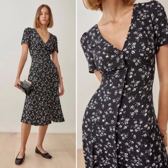 NEW Reformation Locklin Causal Midi Dress - Jasmine Black Floral